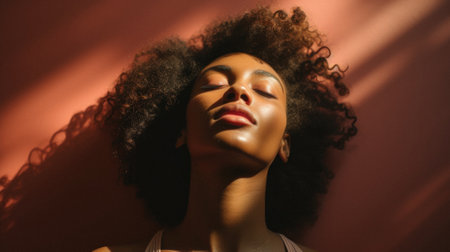 Beautiful african american woman with afro hairstyle in light and shadow.の素材