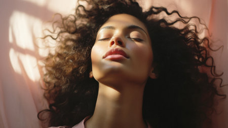 Beautiful African American woman with closed eyes in sunlight.の素材