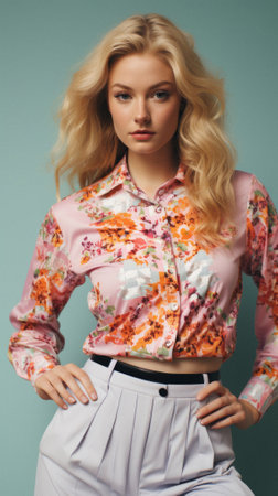 Beautiful young woman with long curly blond hair, wearing pink blouse and white pants, posing in studio.の素材