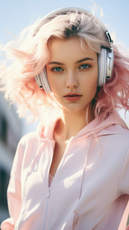 Beautiful young woman with pink hair listening music with headphones in the city.の素材