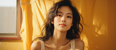 Beautiful Asian woman with long dark hair in a yellow dress.の素材