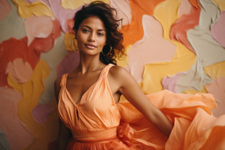 Fashion beautiful sensual woman with dark hair in elegant dress posing in studio.の素材