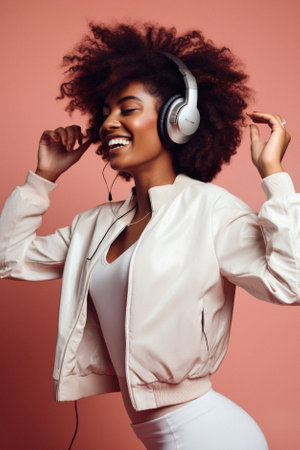Beautiful african american woman with afro hairstyle listening to music in headphones.の素材