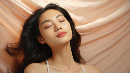 Beautiful Asian woman with closed eyes on background, closeup.の素材