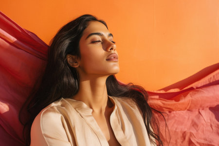 Beautiful young woman in a beige blouse with flying red fabric.の素材