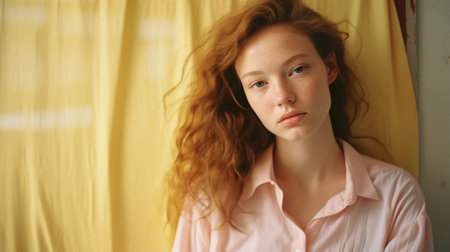 Portrait of a young red-haired girl in a pink shirt.の素材