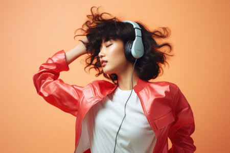 Beautiful asian woman listening to music with headphones on orange background.の素材