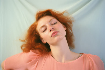 Portrait of a beautiful young redhead woman with freckles on her face.の素材