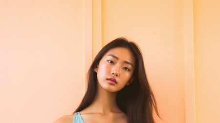 Portrait of beautiful Asian woman with blue dress and orange background.の素材