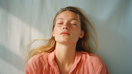 Portrait of a beautiful young woman with closed eyes in a pink shirt.の素材