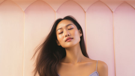 Portrait of beautiful young Asian woman with long hair in studio.の素材