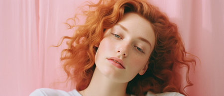 Portrait of a red-haired girl with freckles on her face.の素材