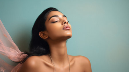 Portrait of a beautiful Indian woman with closed eyes on blue.の素材
