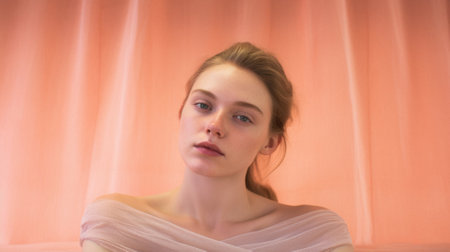 Portrait of a beautiful girl in a white dress on a pink background.の素材
