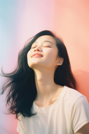 Portrait of thai china adult beautiful girl relax and smile.の素材