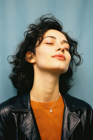Portrait of a beautiful young brunette woman in black leather jacket.の素材