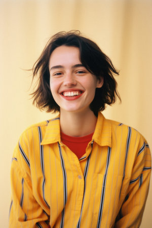 Portrait of a young beautiful woman in a yellow shirt smiling and looking at the camera.の素材