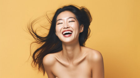 Portrait of a beautiful young Asian woman with flying hair over yellow background.の素材