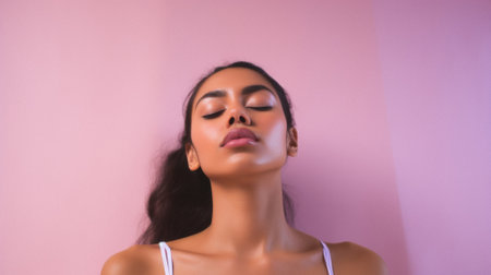 Portrait of a beautiful girl with closed eyes on a pink background.の素材