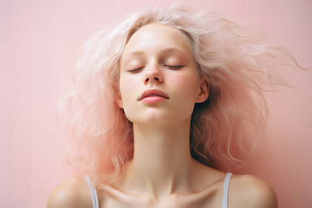 Portrait of a beautiful girl with blond hair on a pink background.の素材