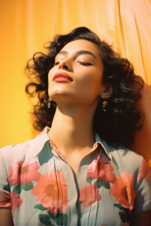 Portrait of a beautiful young woman with curly hair on a yellow background.の素材