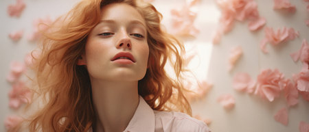 Redhead girl looking away on flower petals background.の素材