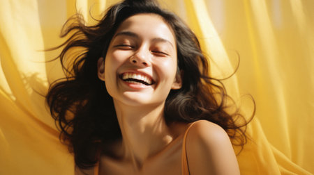 Beautiful smiling Asian woman on yellow, closeup.の素材