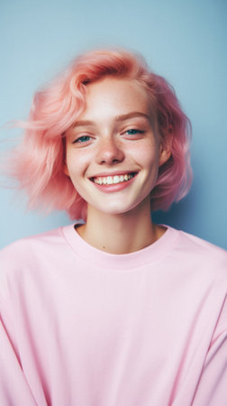 Portrait of a beautiful girl with pink hair on a blue background.の素材