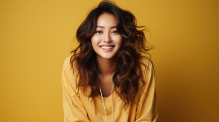 Portrait of a smiling young Asian woman over yellow background.の素材