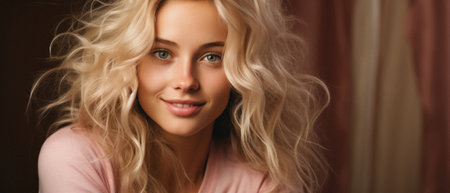 Portrait of a beautiful young blonde woman with long curly hair.の素材