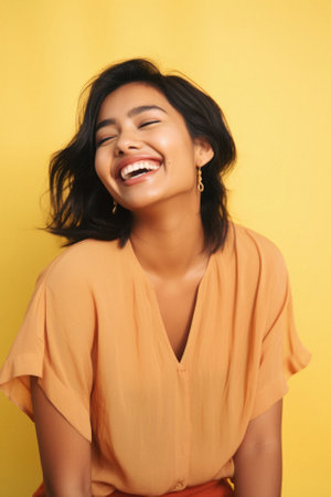 Beautiful young Asian woman on yellow background, closeup. Space for text.の素材