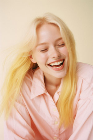 Portrait of a young blonde girl in a pink shirt on a light background.の素材