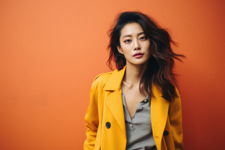Young beautiful Asian woman in yellow coat on orange background, lifestyle people concept.の素材