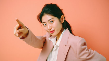 Asian business woman pointing with her finger and looking at the camera on orange background.の素材