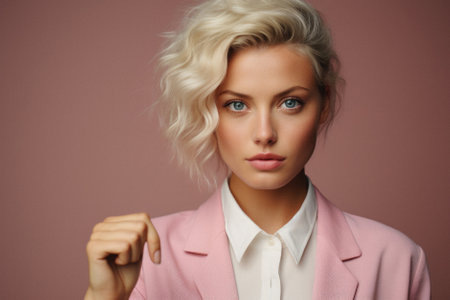 Portrait of a beautiful young blonde woman in a pink suit.の素材