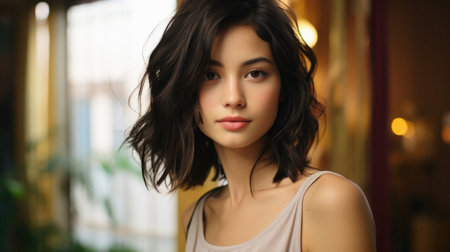 Portrait of young beautiful Asian woman with long black hair.の素材