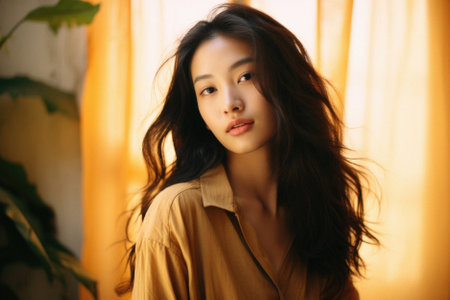 Portrait of a young beautiful Asian woman with brown hair.の素材