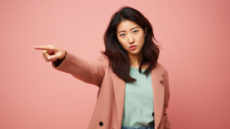 Young Asian woman pointing at copy space isolated over pink background.の素材