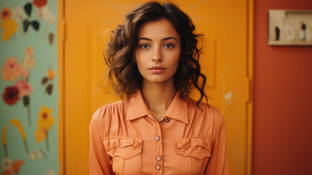 Portrait of a beautiful young woman with curly hair in an orange shirt.の素材
