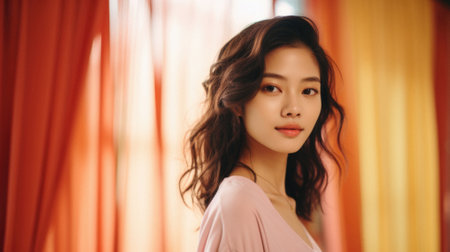 Portrait of young Asian woman wearing pink silk dress in the room.の素材