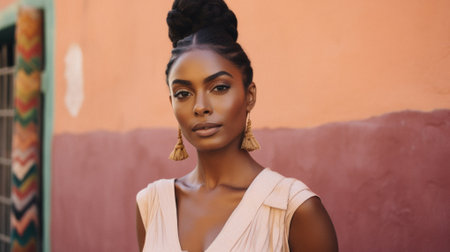 Portrait of a beautiful African American woman with earrings.の素材