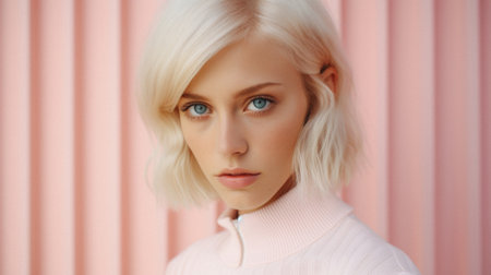 Portrait of a beautiful blonde girl in a white sweater on a pink background.の素材