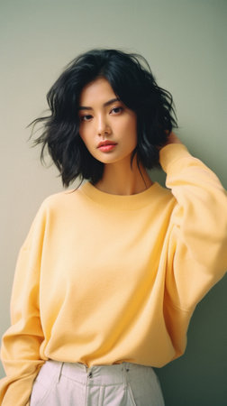 Portrait of a beautiful Asian woman in yellow sweater, studio shot.の素材
