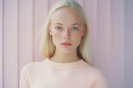 Portrait of a young beautiful girl with blue eyes in the studio.の素材