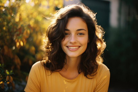 Portrait of a beautiful young woman in yellow sweater smiling at camera outdoors.の素材