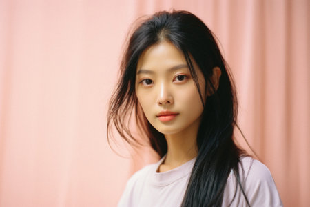 Portrait of beautiful young Asian woman wearing white t-shirt in the room.の素材