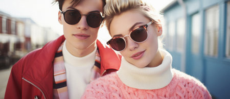 Young stylish couple in sunglasses looking at camera while walking on city street.の素材