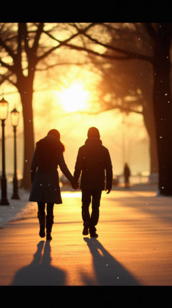Silhouette of a loving couple walking in the park at sunset.の素材