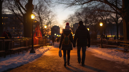 Young couple walking in the park at night in winter. Back view.の素材