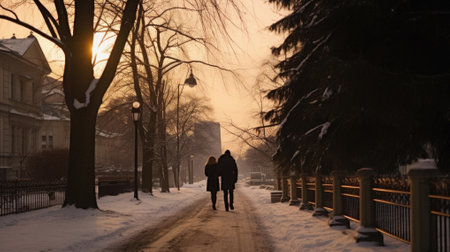 A man and a woman walking in the park in the winter.の素材